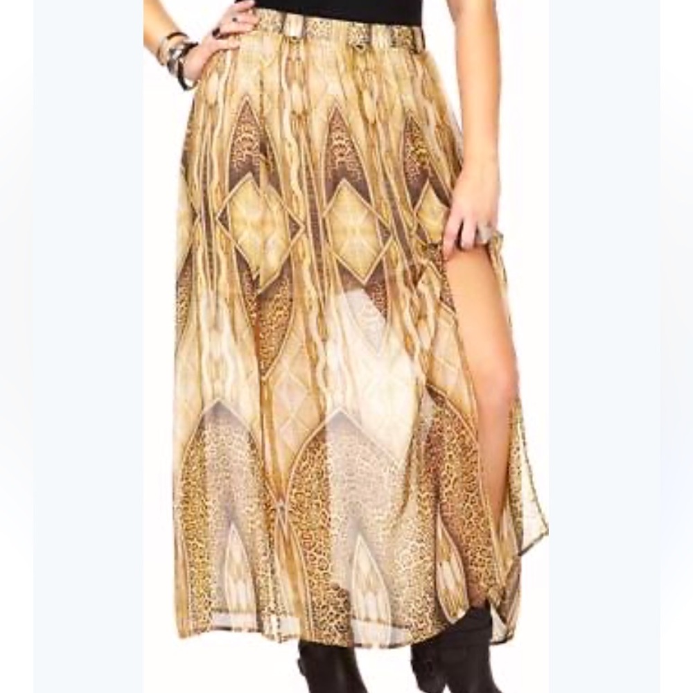 Forever 21 Animal Print Double Slits Maxi Long Banded Skirt Sz XL